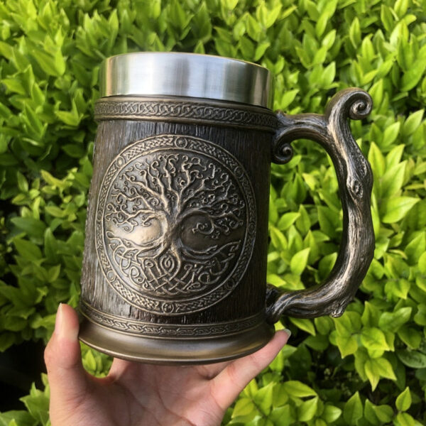 menilo Yggdrasil Totems Viking Tankard – Rustic Wooden Beer Mug - Image 2